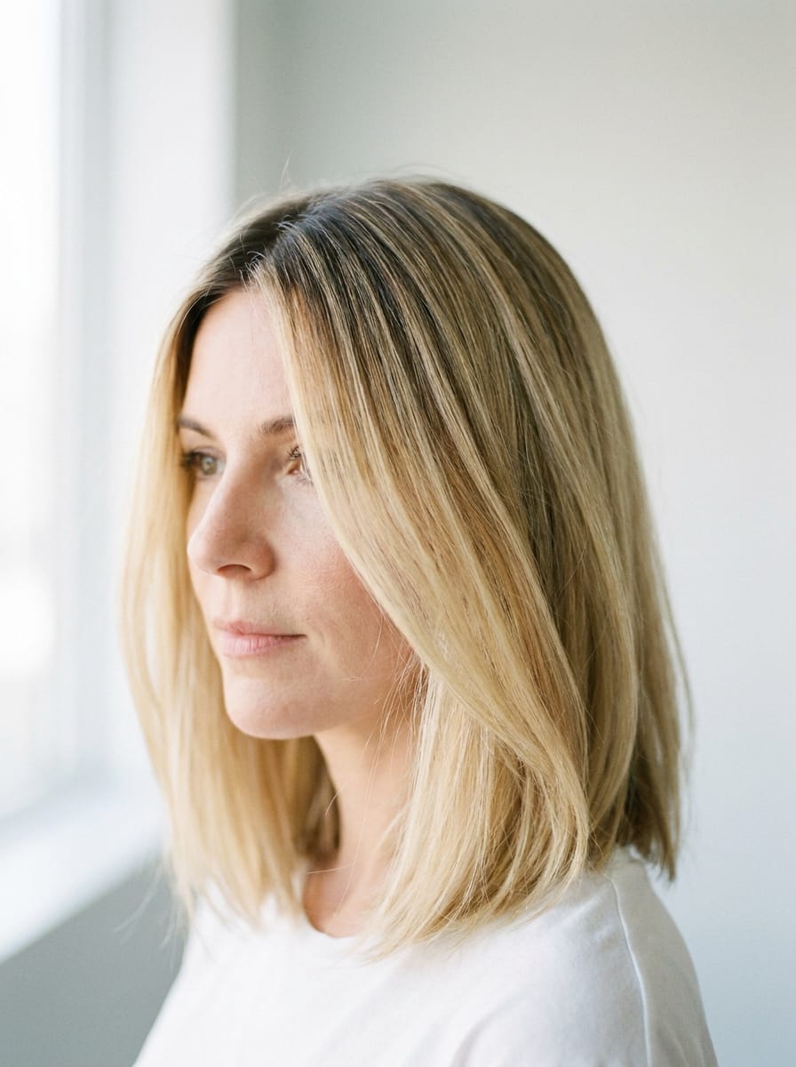 Collarbone Lob mit Shadow Root - Mittellanger blonder Bob